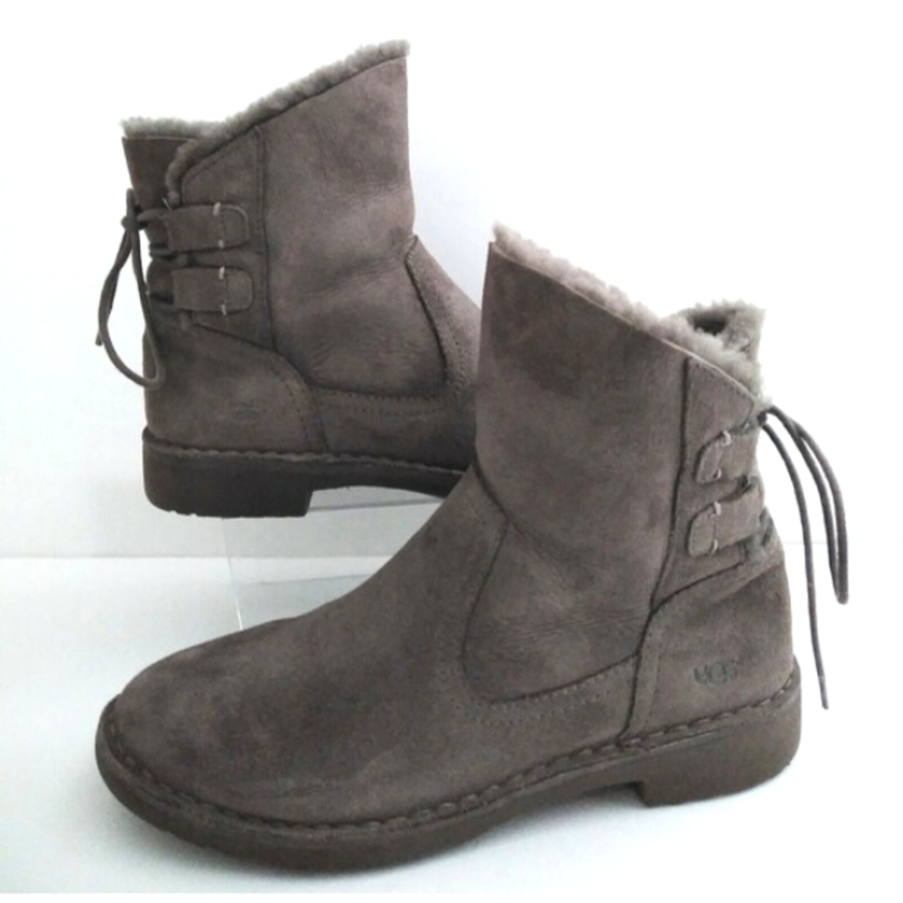 UGG Australia Naiyah Ankle Boot Gray Suede Sheepskin Lace Up Heel 1020144 Sz 6